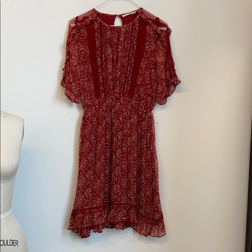 Print mesh ruffle detail dress